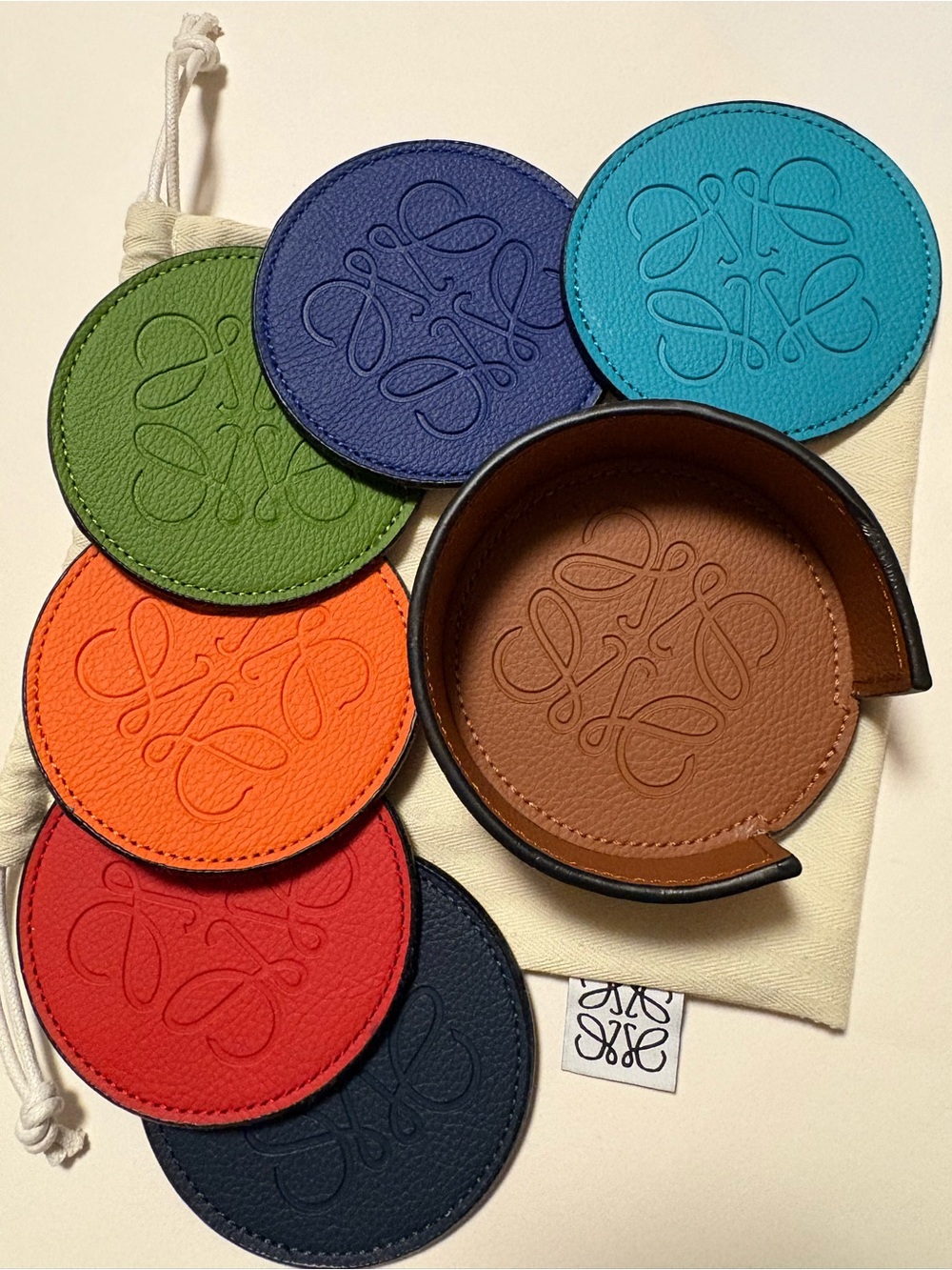 LOEWE Anagram Leather Coasters set of 6 with holder & pouch